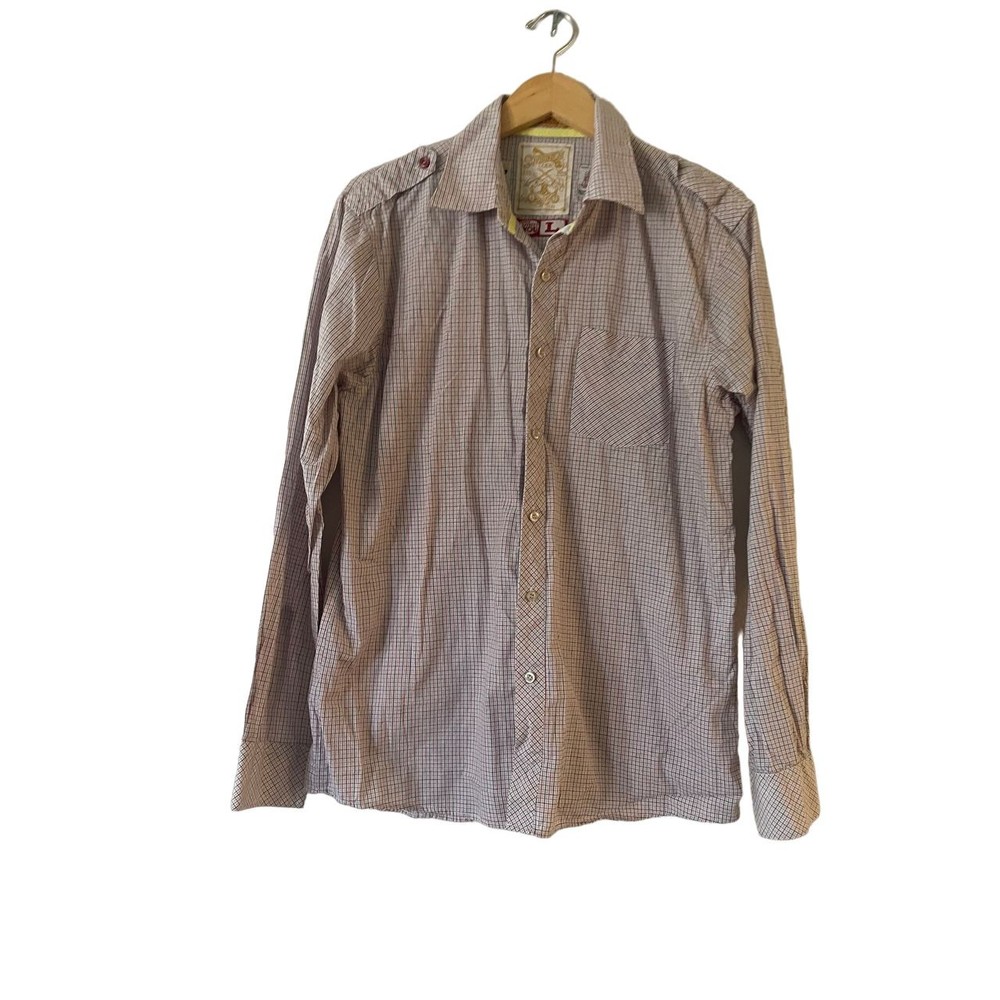 Sovereign Code Mens Woven Pleasure Button Shirt L Red White Plaid‎ Long Sleeve